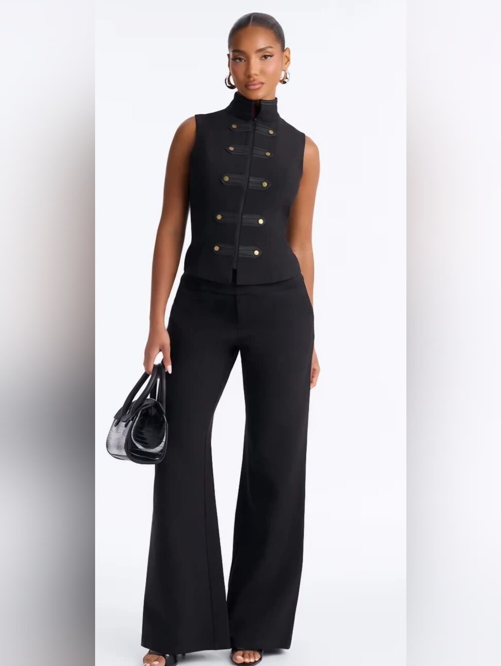 Sleeveless Military-Style Black Pants Set